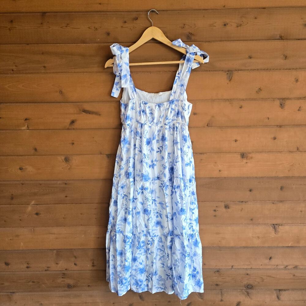 August Sky Shoulder Tie Floral Midi Dress NWT M Blue Multi Cottagecore Preppy - Picture 5 of 5